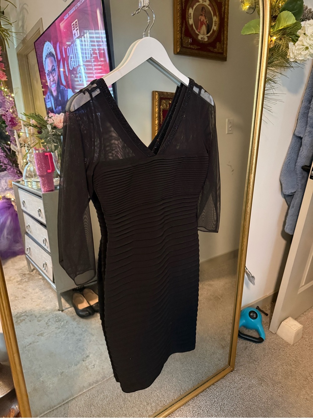 Black Sheer Sleeve V-neck Bodycon Dress